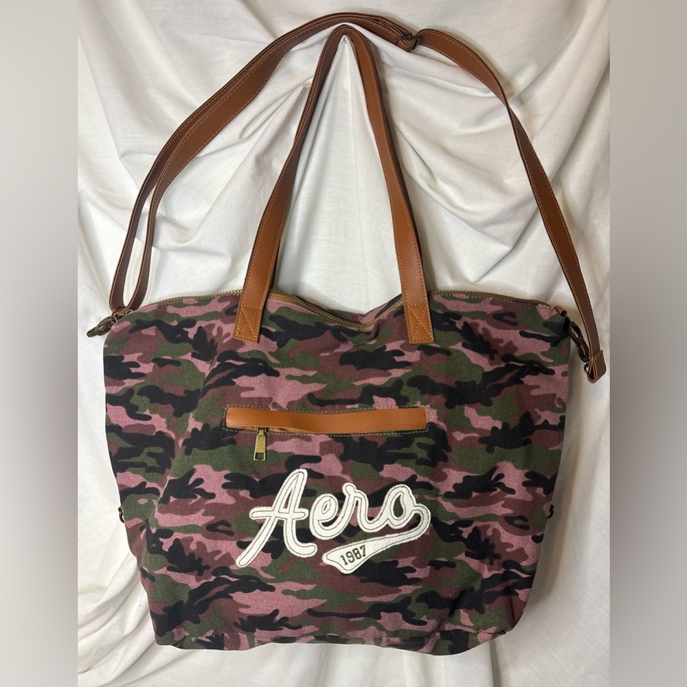 Aeropostale "Aero 1987" Pink and Green Canvas Large Tote Bag EUC